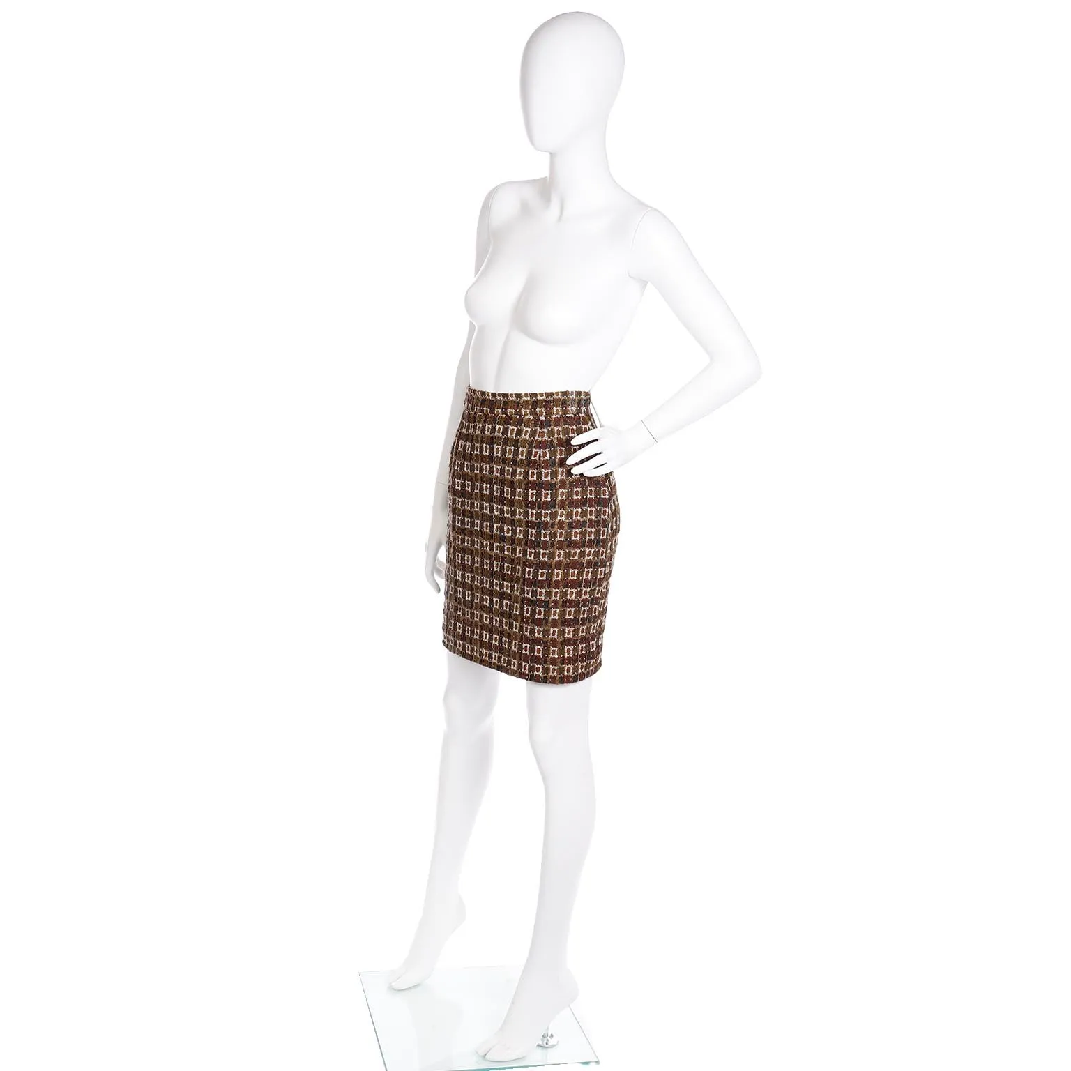 1990s Christian Lacroix Brown & Gold Check Boucle Mini Skirt