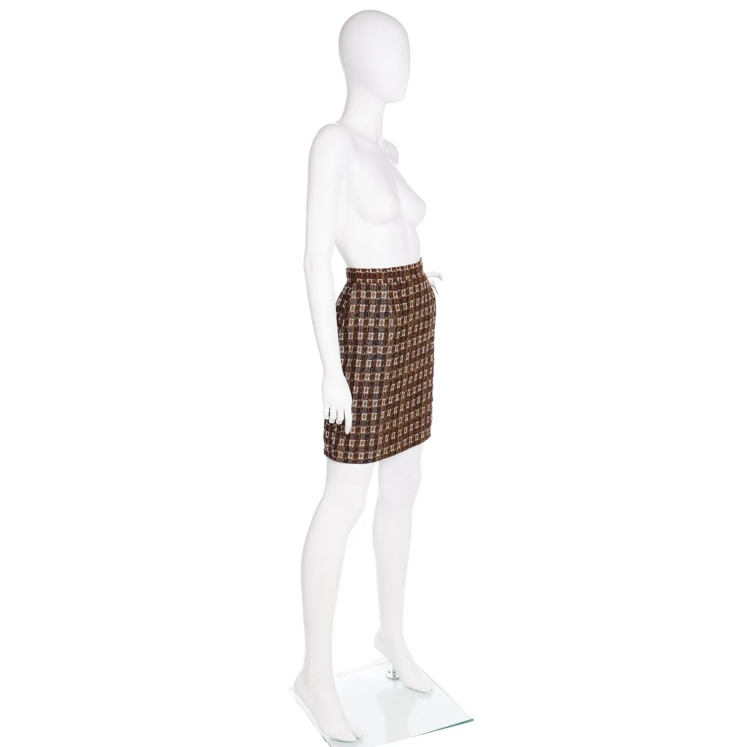 1990s Christian Lacroix Brown & Gold Check Boucle Mini Skirt