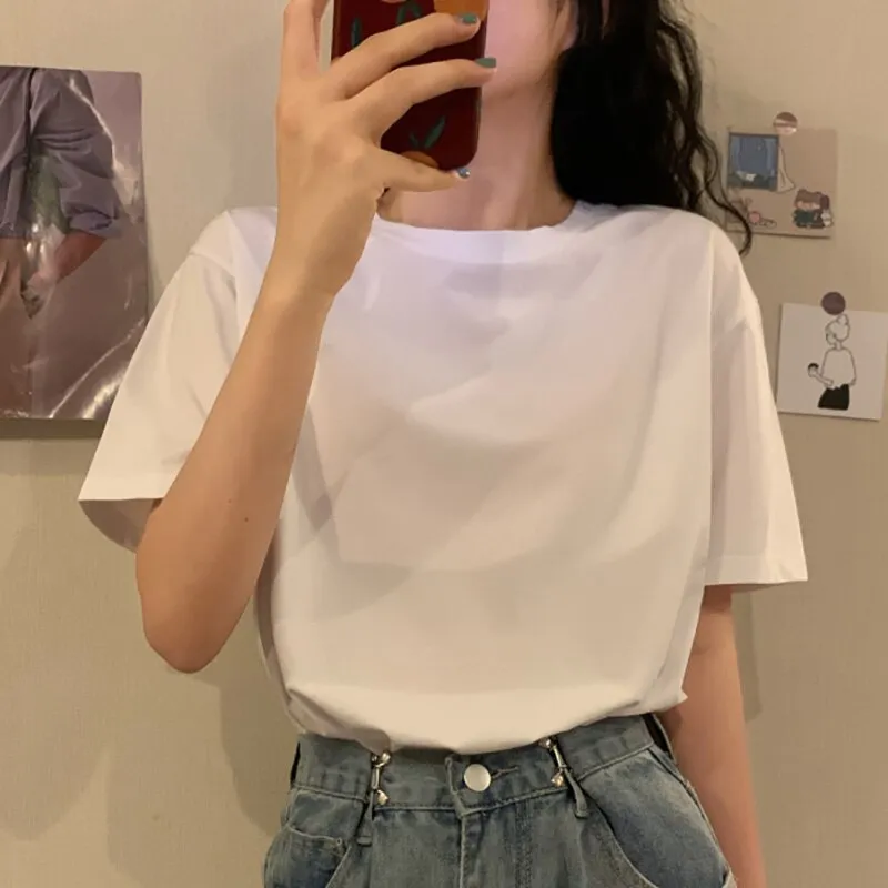 Back to College Joskaa Casual T-shirts Women Short Sleeve Tops O-Neck White Clothes 2024 Summer Cotton Korean Fashion Minimalist Style Shirts