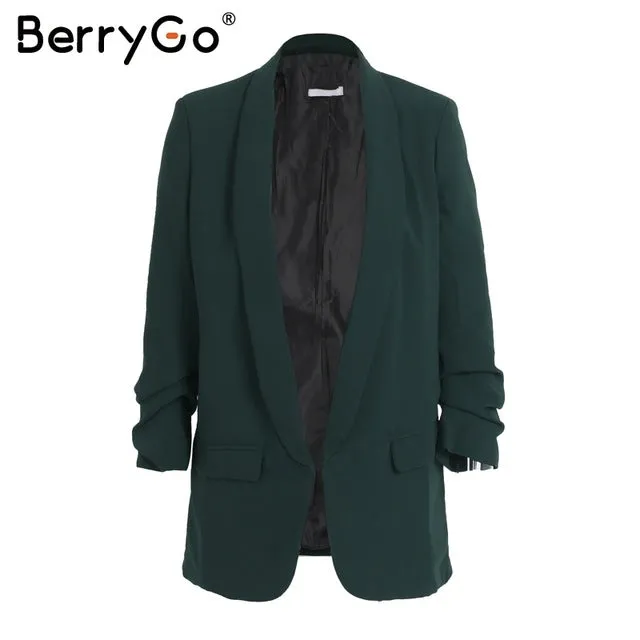 BerryGo Turn-down pocket blazer coat women Ruched sleeve black suit blazer 2017 new cool OL slim winter outerwear female