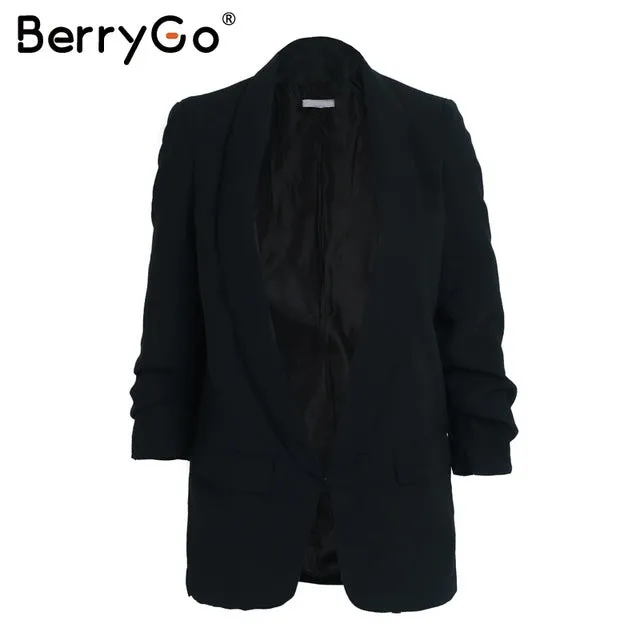 BerryGo Turn-down pocket blazer coat women Ruched sleeve black suit blazer 2017 new cool OL slim winter outerwear female