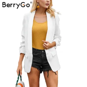 BerryGo Turn-down pocket blazer coat women Ruched sleeve black suit blazer 2017 new cool OL slim winter outerwear female