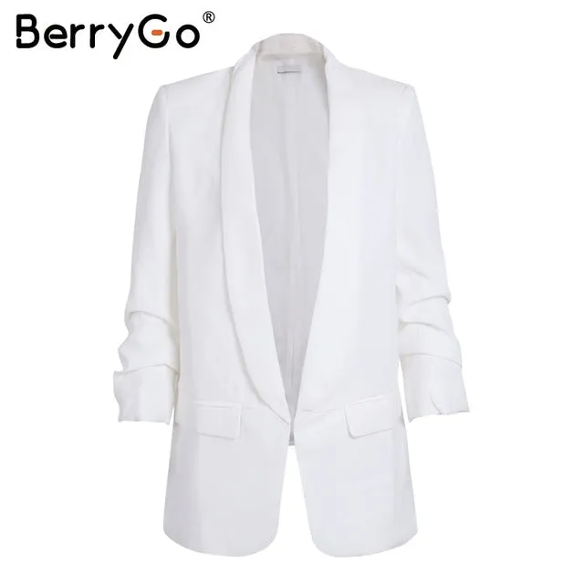 BerryGo Turn-down pocket blazer coat women Ruched sleeve black suit blazer 2017 new cool OL slim winter outerwear female