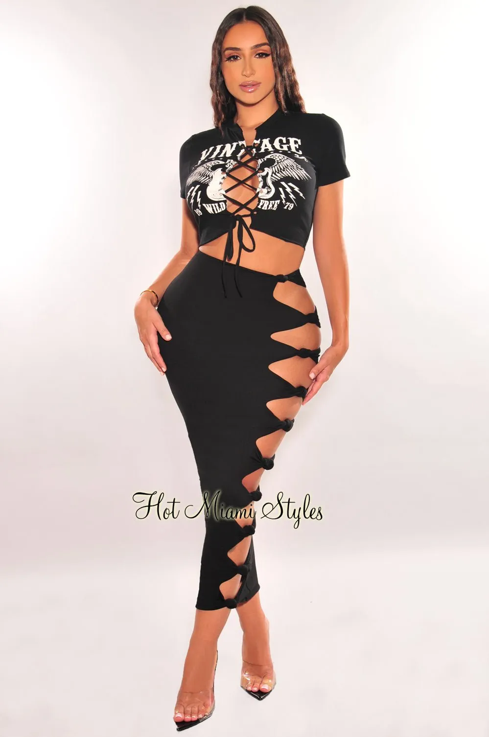 Black High Waist Cut Out Knotted Slit Skirt