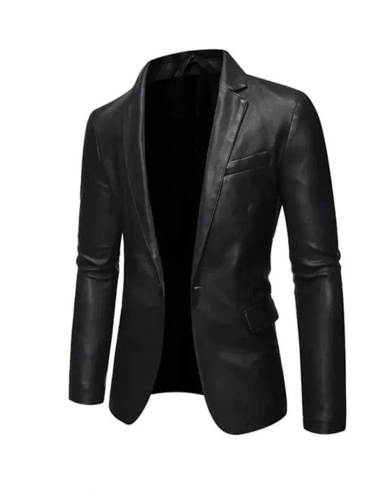 Black Lapel Style Genuine Leather Blazer