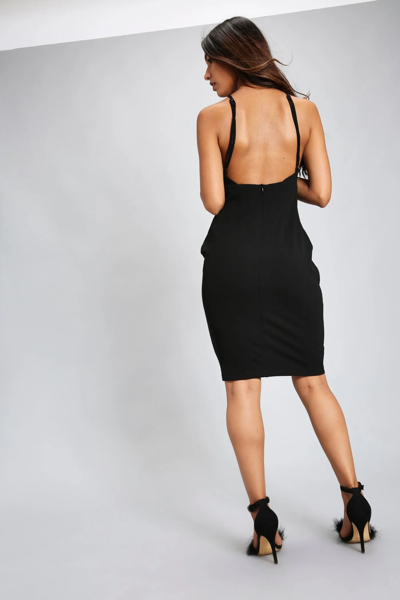 Black Low Back Plunge Front Midi Dress