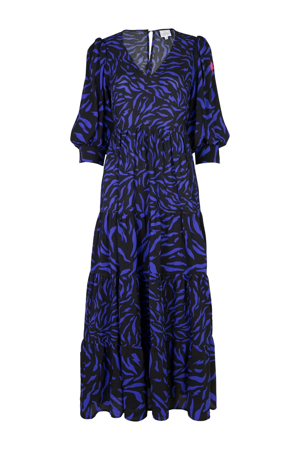 Black with Blue Zebra Print Tiered Maxi Dress