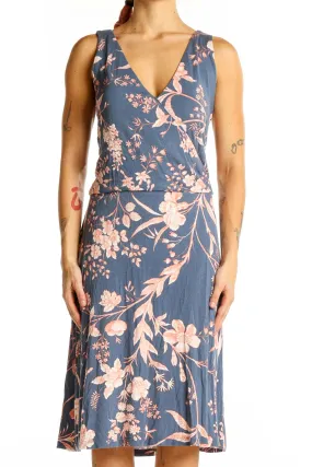 Blue Floral V-Neck Sleeveless Midi Dress