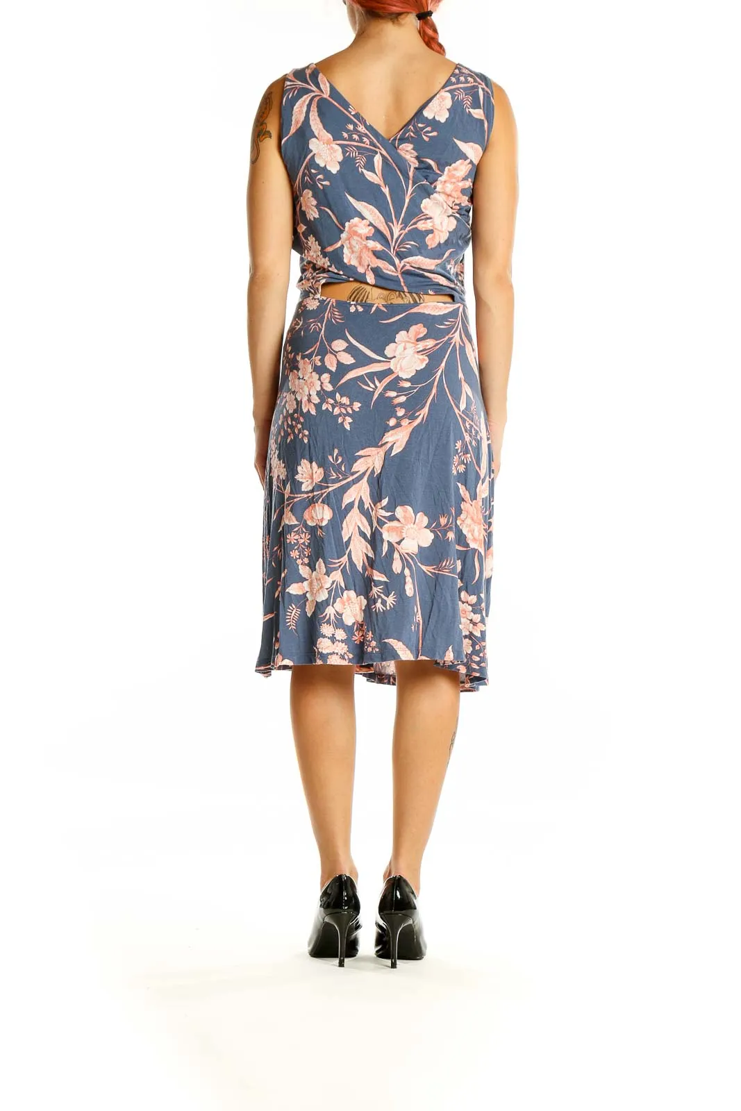 Blue Floral V-Neck Sleeveless Midi Dress