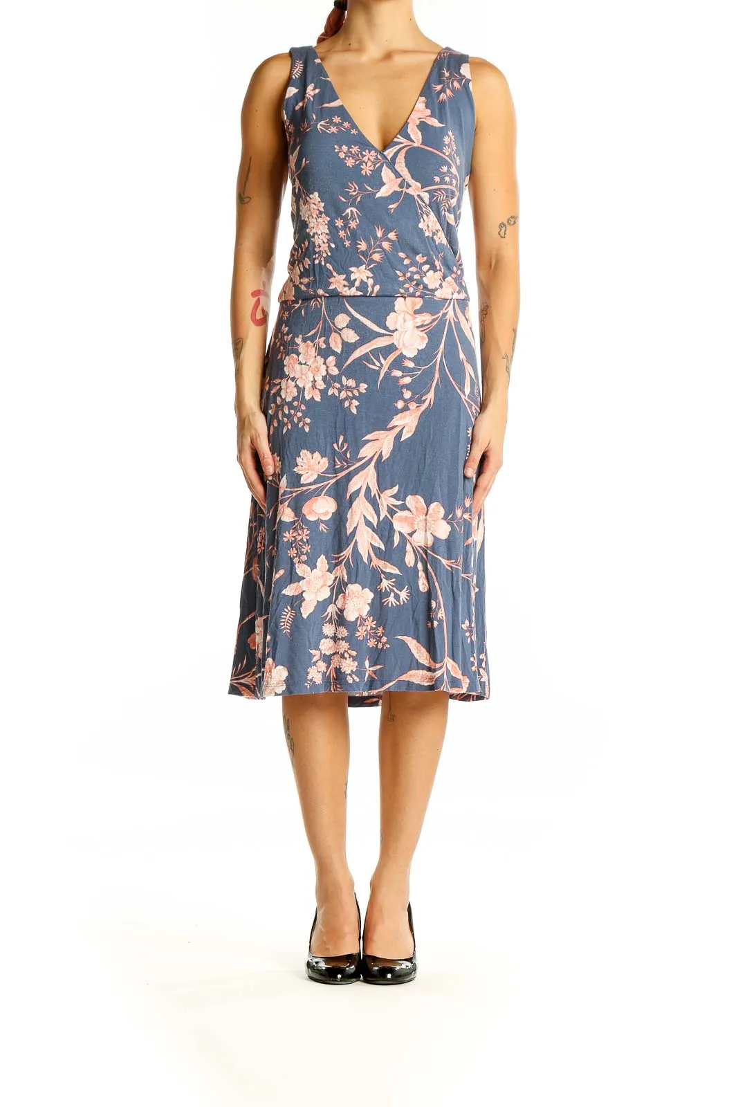 Blue Floral V-Neck Sleeveless Midi Dress