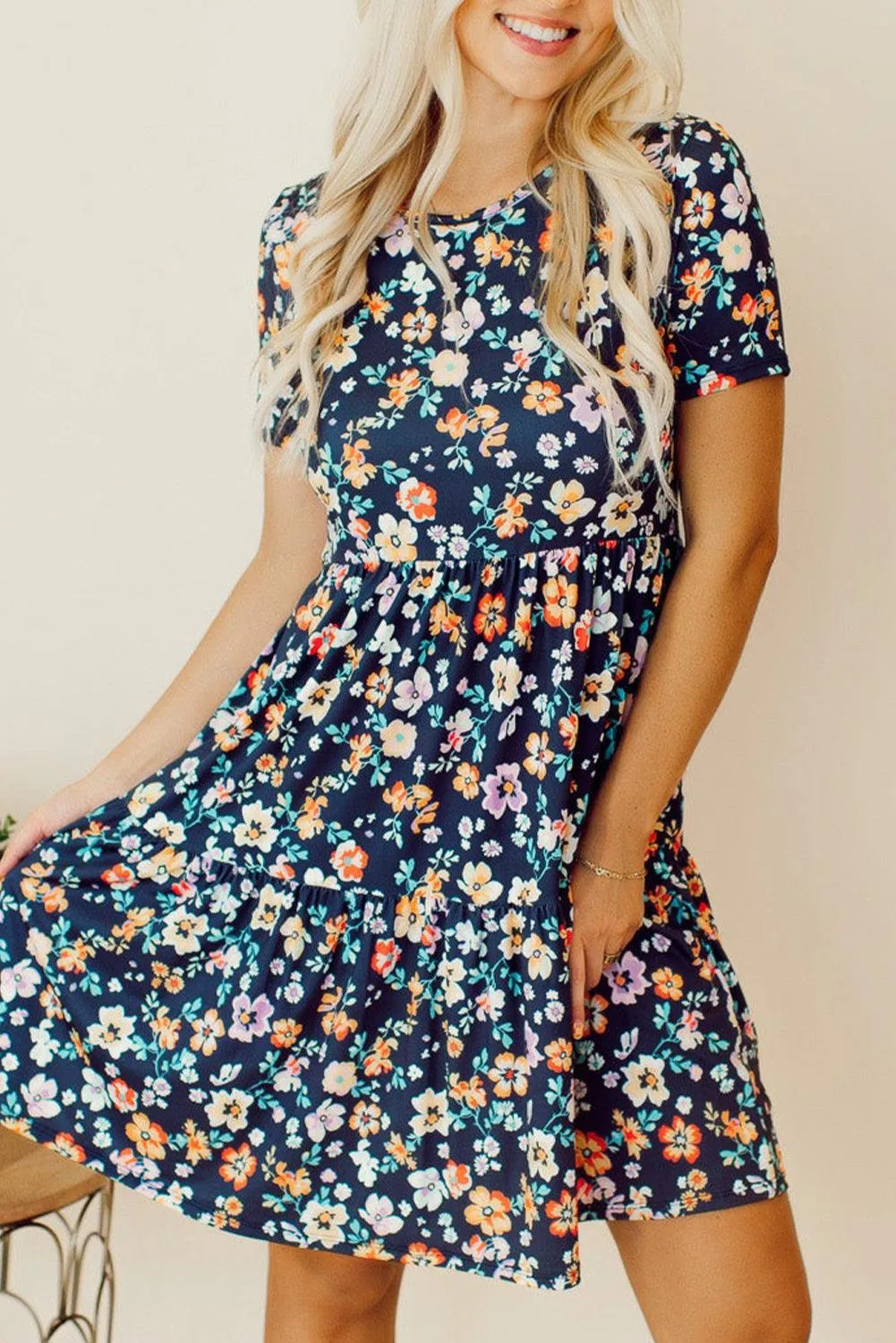 Blue Short Sleeve A-line Floral Mini Dress for Summer