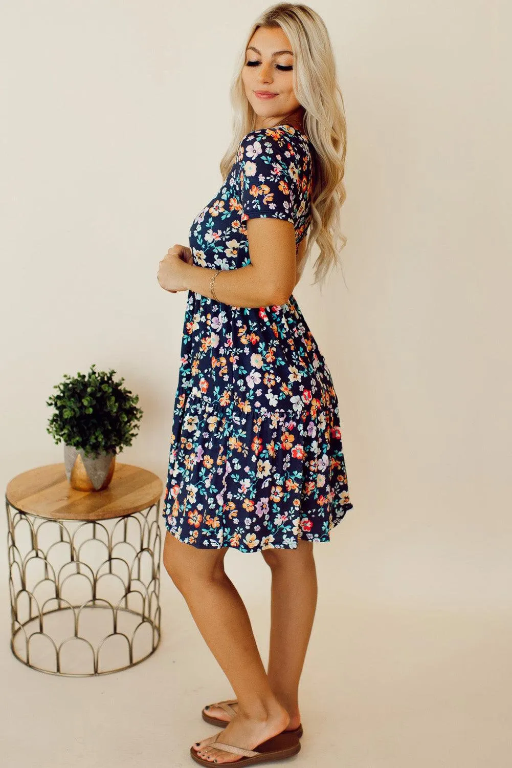 Blue Short Sleeve A-line Floral Mini Dress for Summer