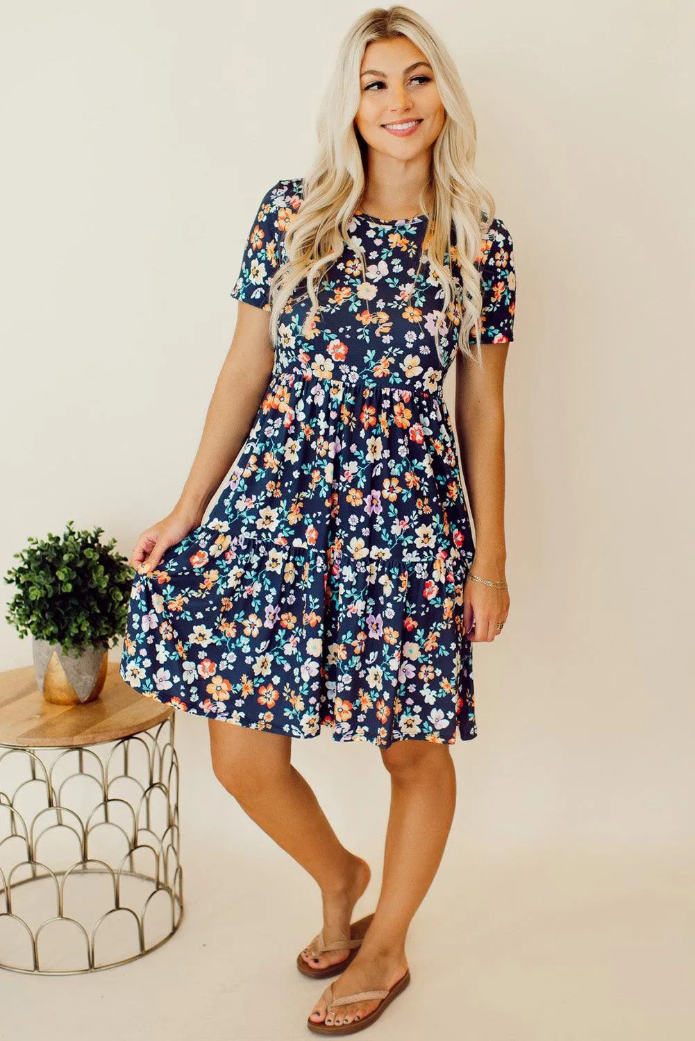 Blue Short Sleeve A-line Floral Mini Dress for Summer