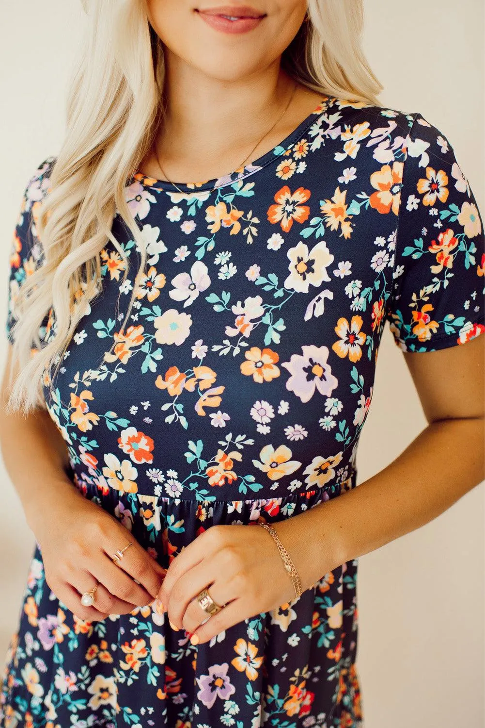 Blue Short Sleeve A-line Floral Mini Dress for Summer