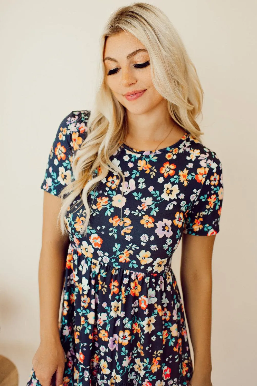 Blue Short Sleeve A-line Floral Mini Dress for Summer