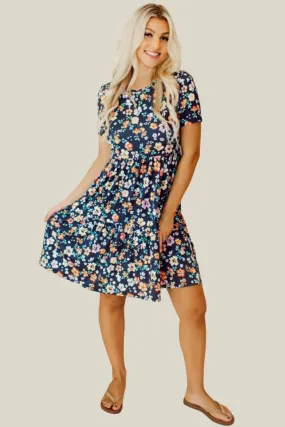 Blue Short Sleeve A-line Floral Mini Dress for Summer