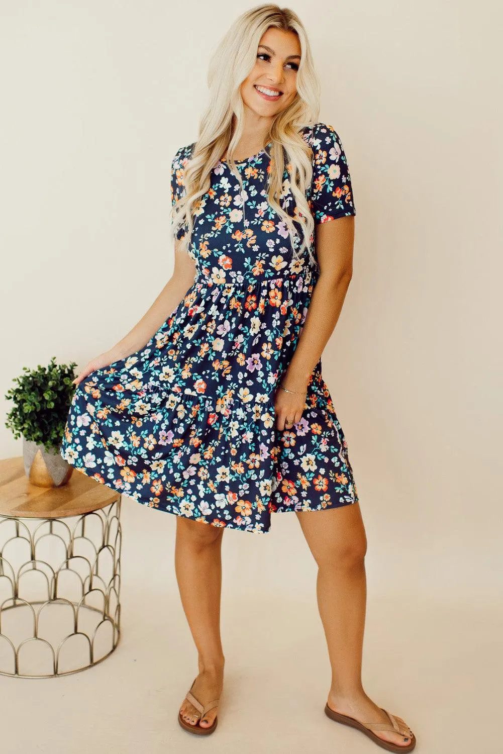 Blue Short Sleeve A-line Floral Mini Dress for Summer