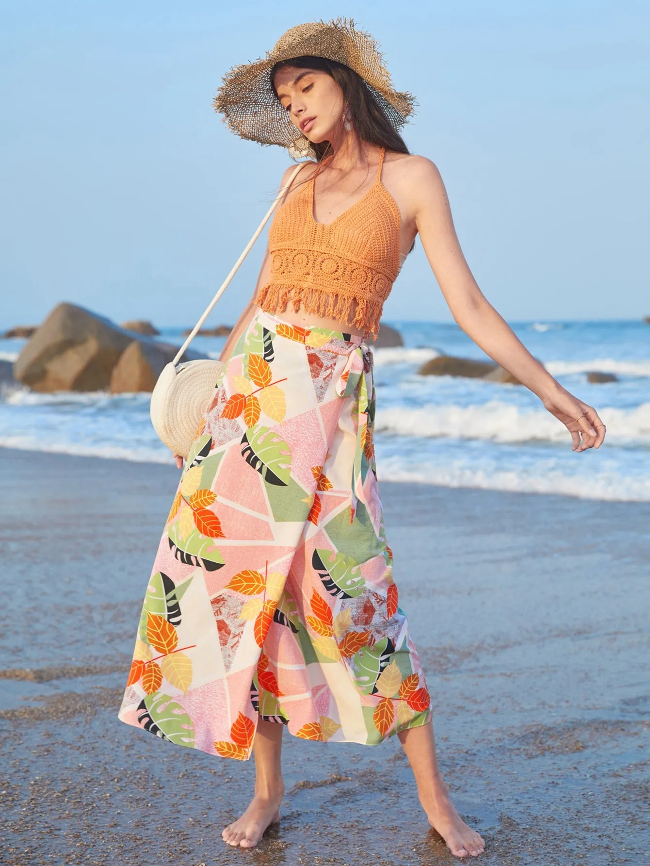 Boho Geometric Belted High Waist Long Women Skirt