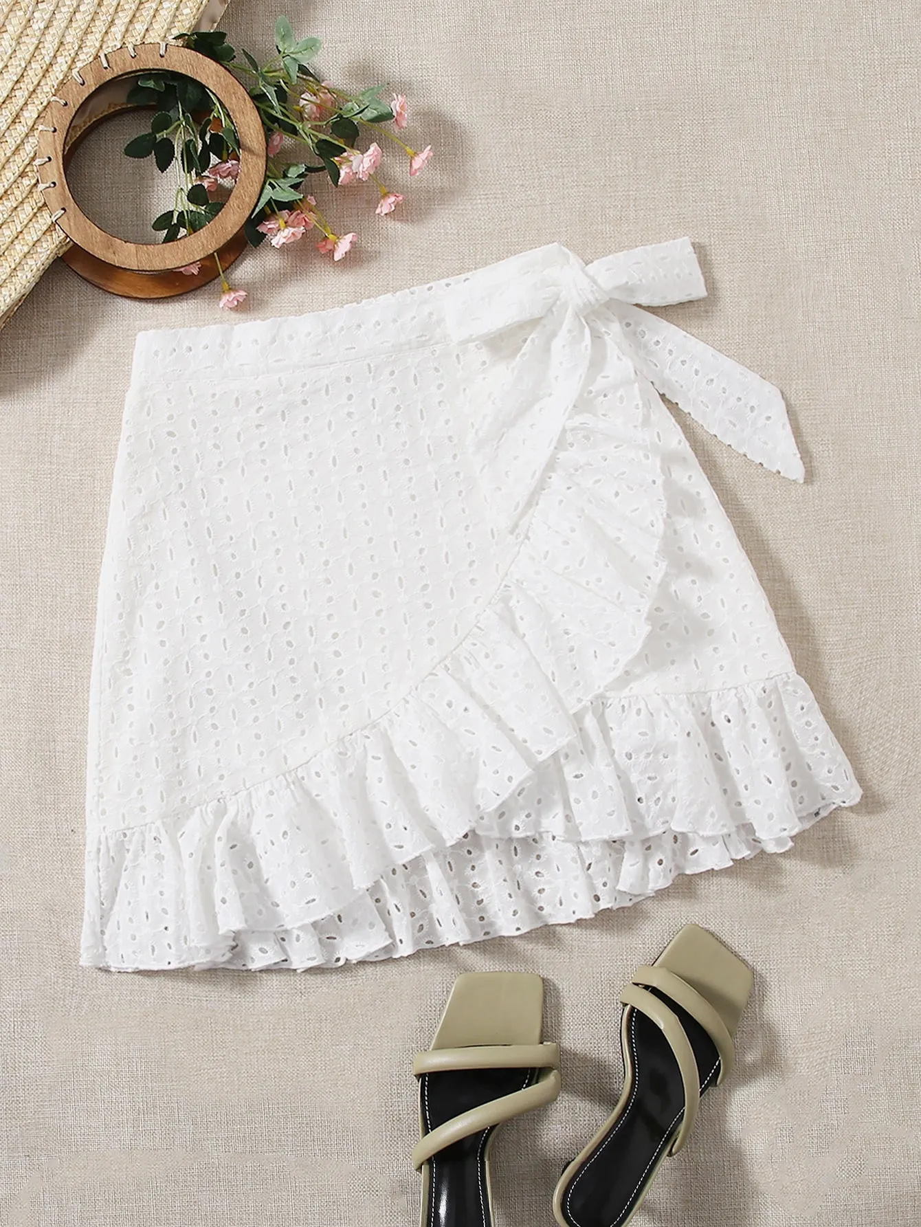 Boho Plain Eyelet Embroidery High Waist Short Women Skirt