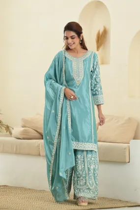 Bright Turquoise Embroidered Premium Silk Palazzo Set