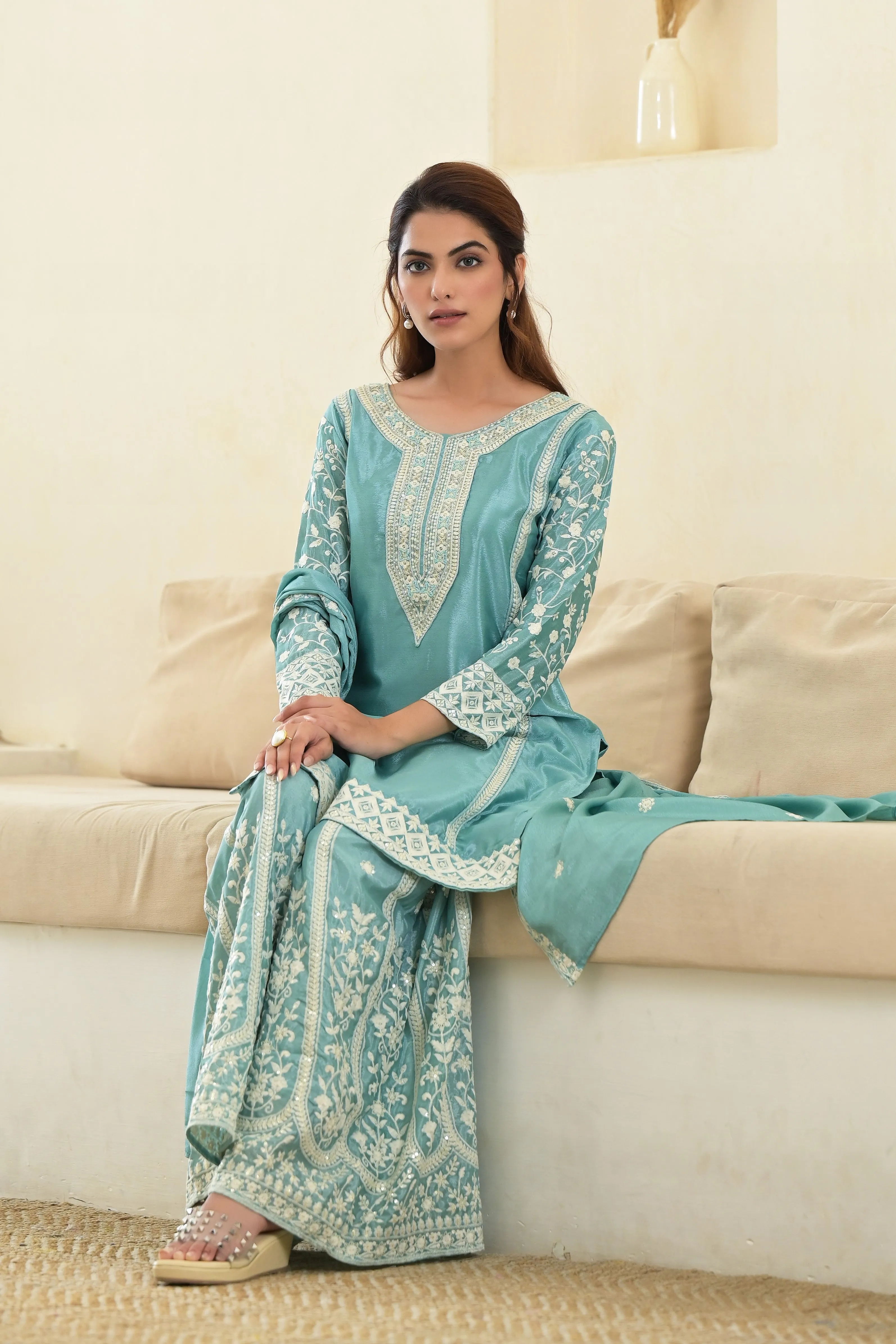 Bright Turquoise Embroidered Premium Silk Palazzo Set