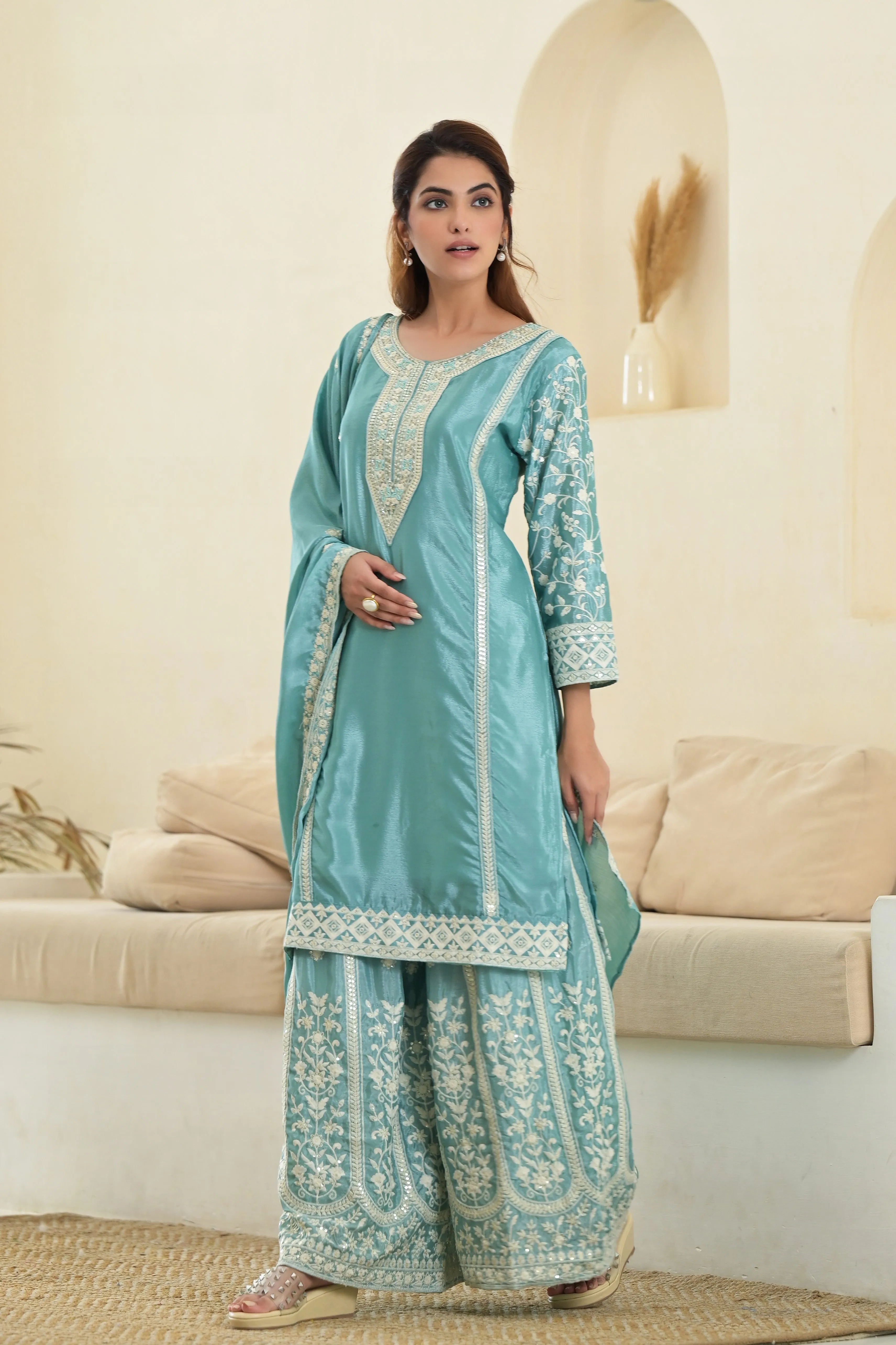 Bright Turquoise Embroidered Premium Silk Palazzo Set