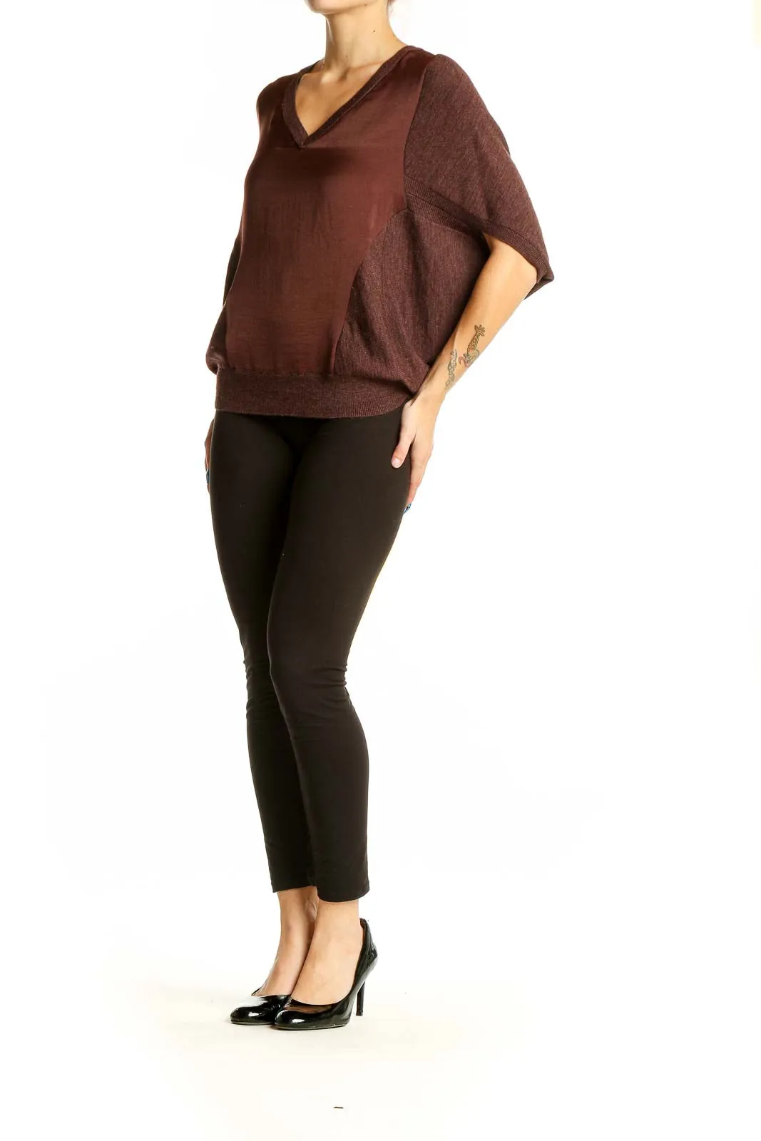 Brown V-Neck Dolman Sleeve Blouse