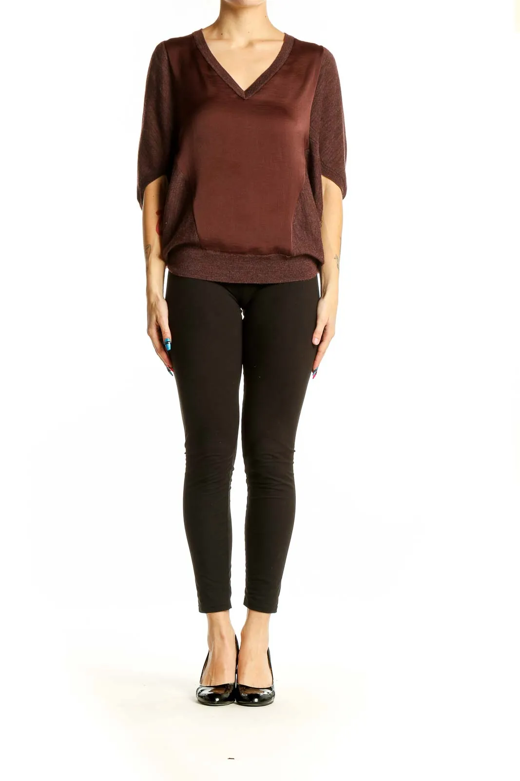 Brown V-Neck Dolman Sleeve Blouse