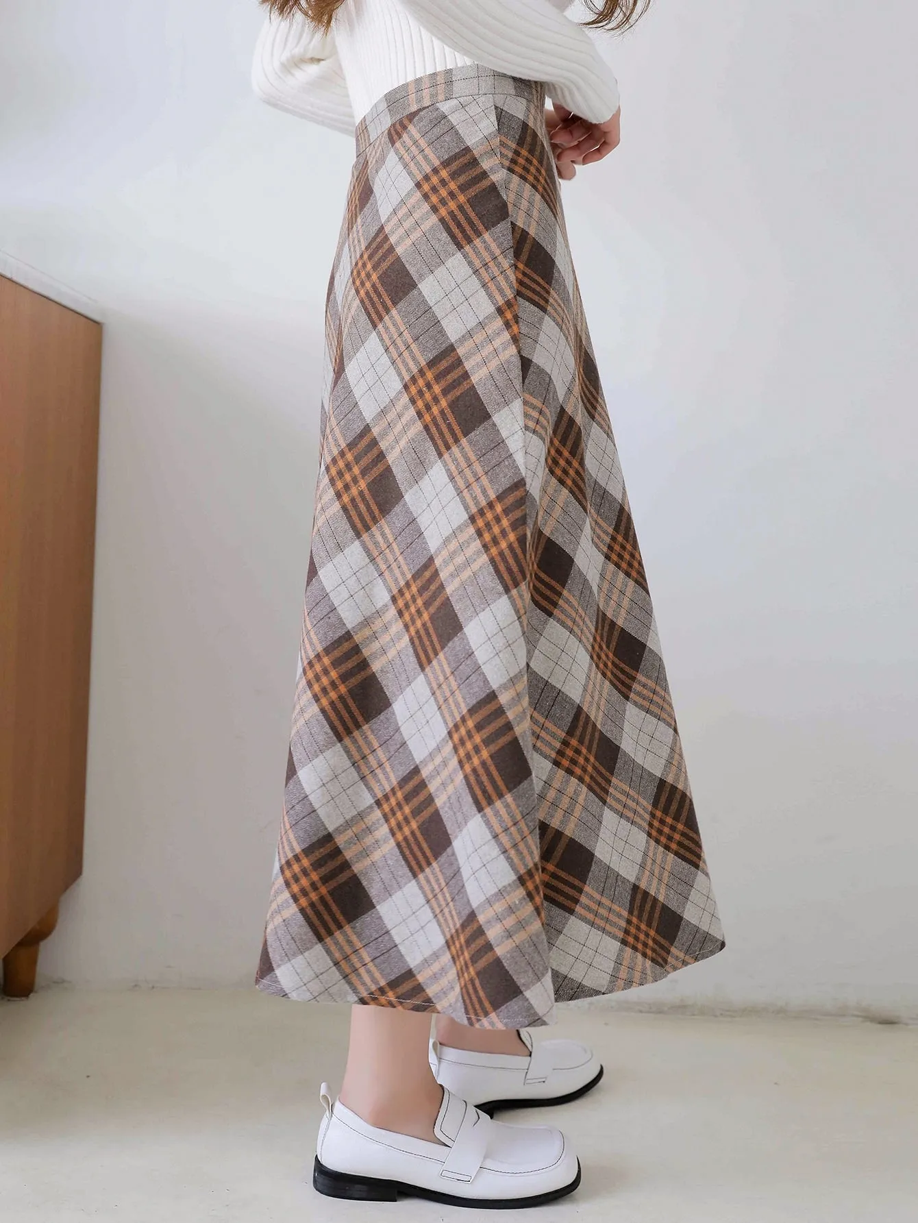 Casual Plaid Zipper High Waist Long Women Skirt