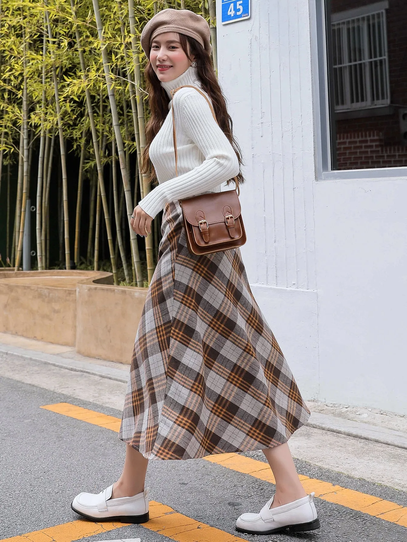 Casual Plaid Zipper High Waist Long Women Skirt