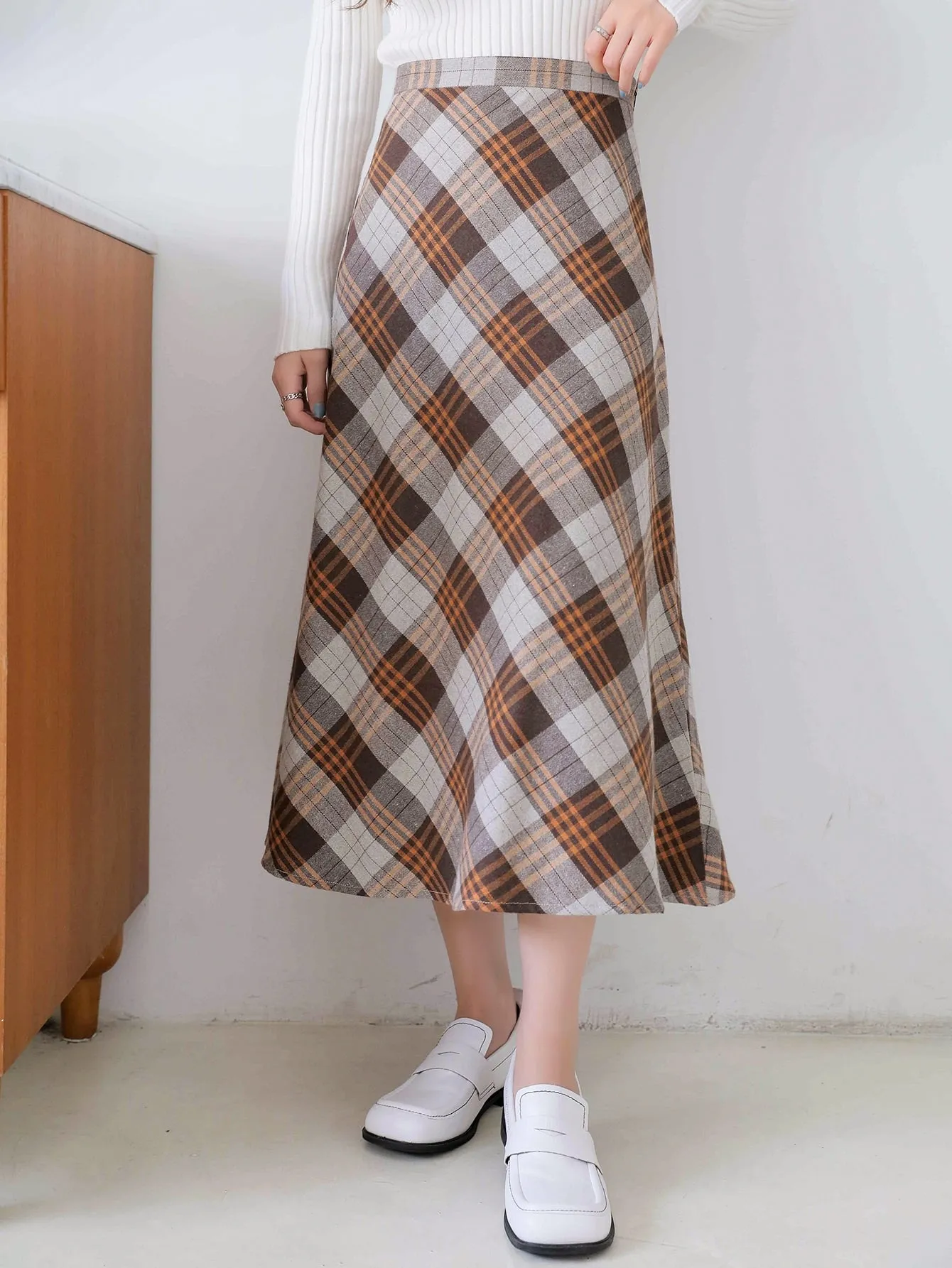 Casual Plaid Zipper High Waist Long Women Skirt