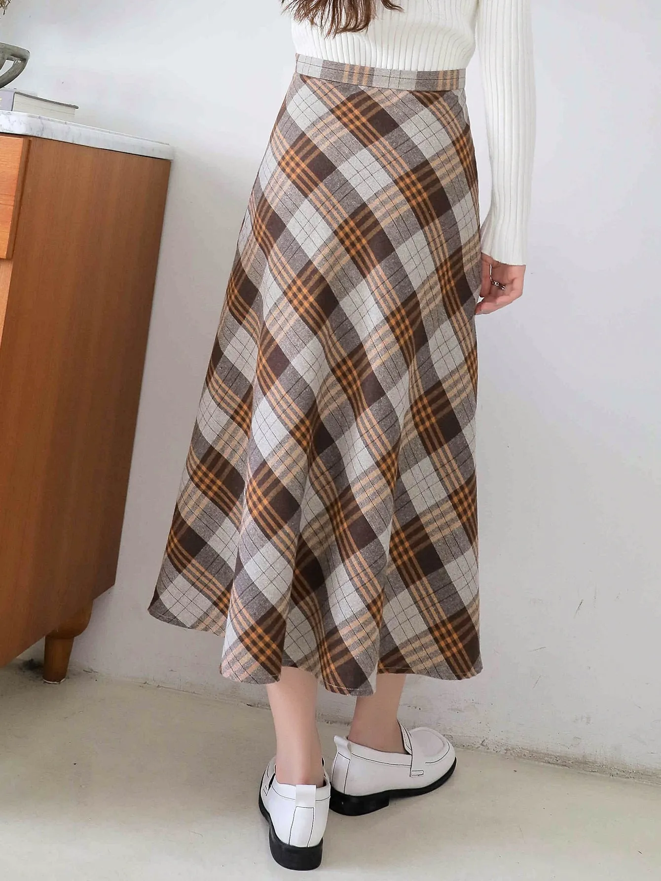 Casual Plaid Zipper High Waist Long Women Skirt