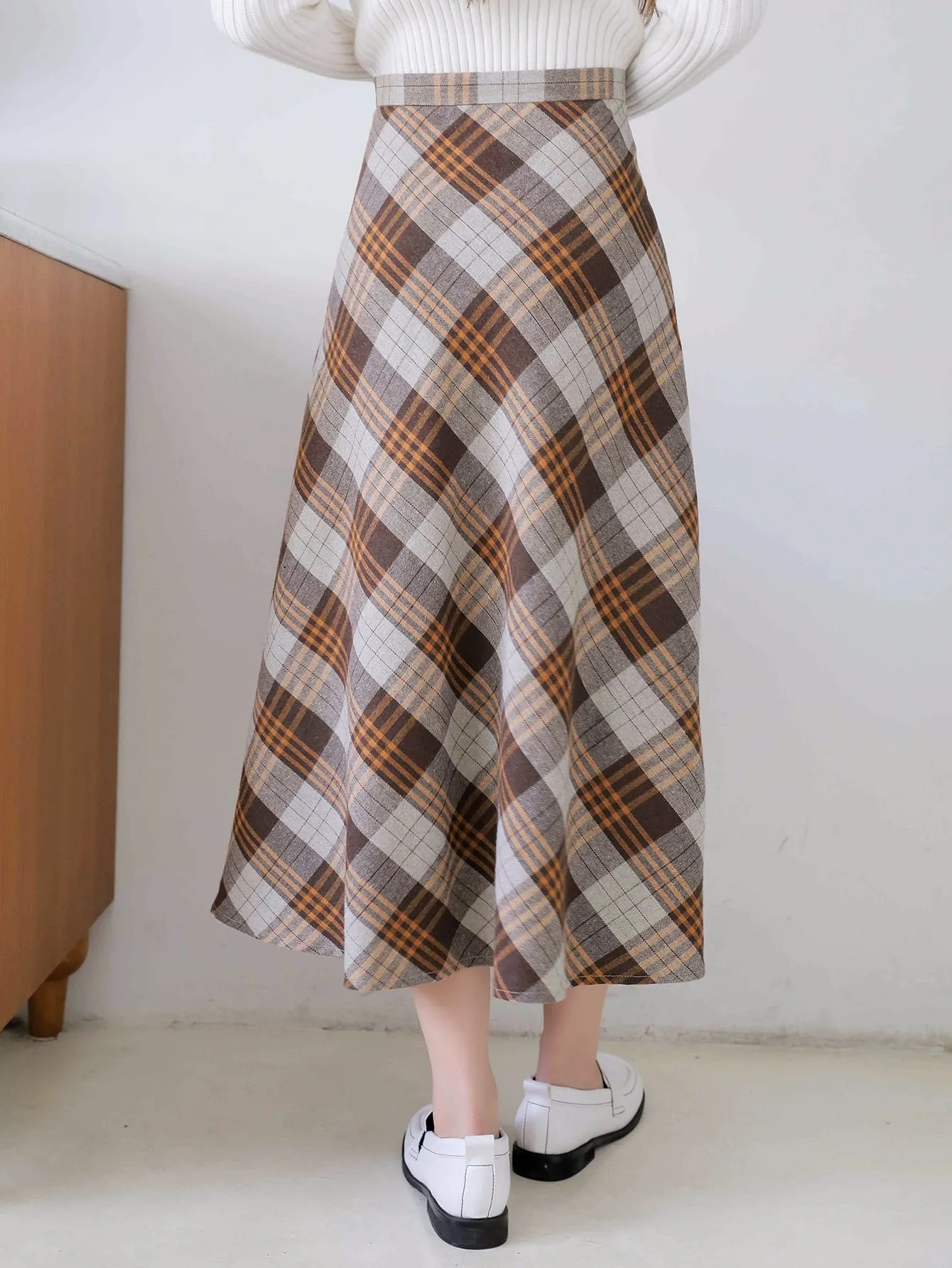 Casual Plaid Zipper High Waist Long Women Skirt