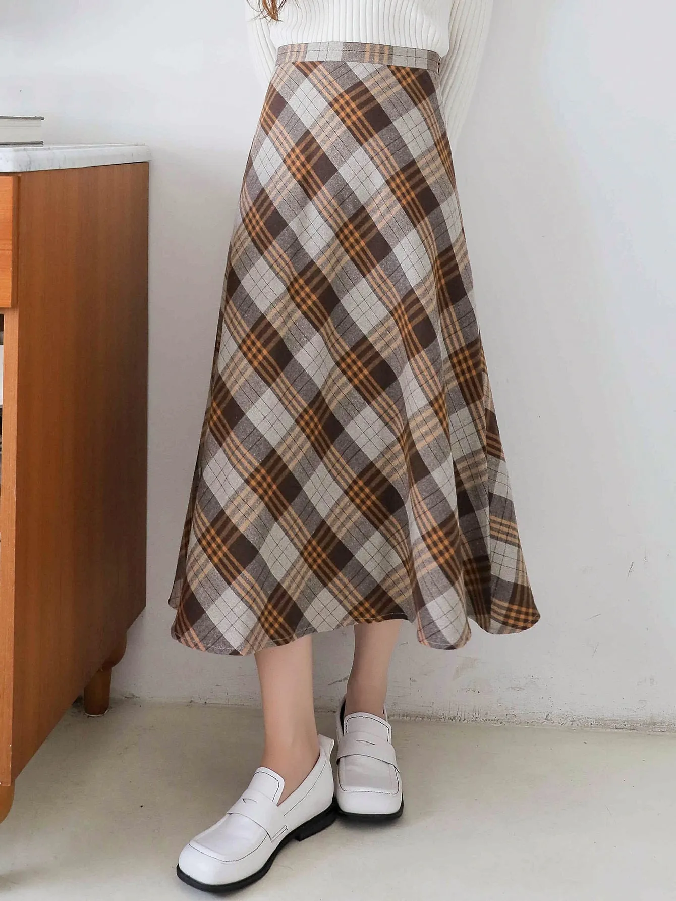 Casual Plaid Zipper High Waist Long Women Skirt