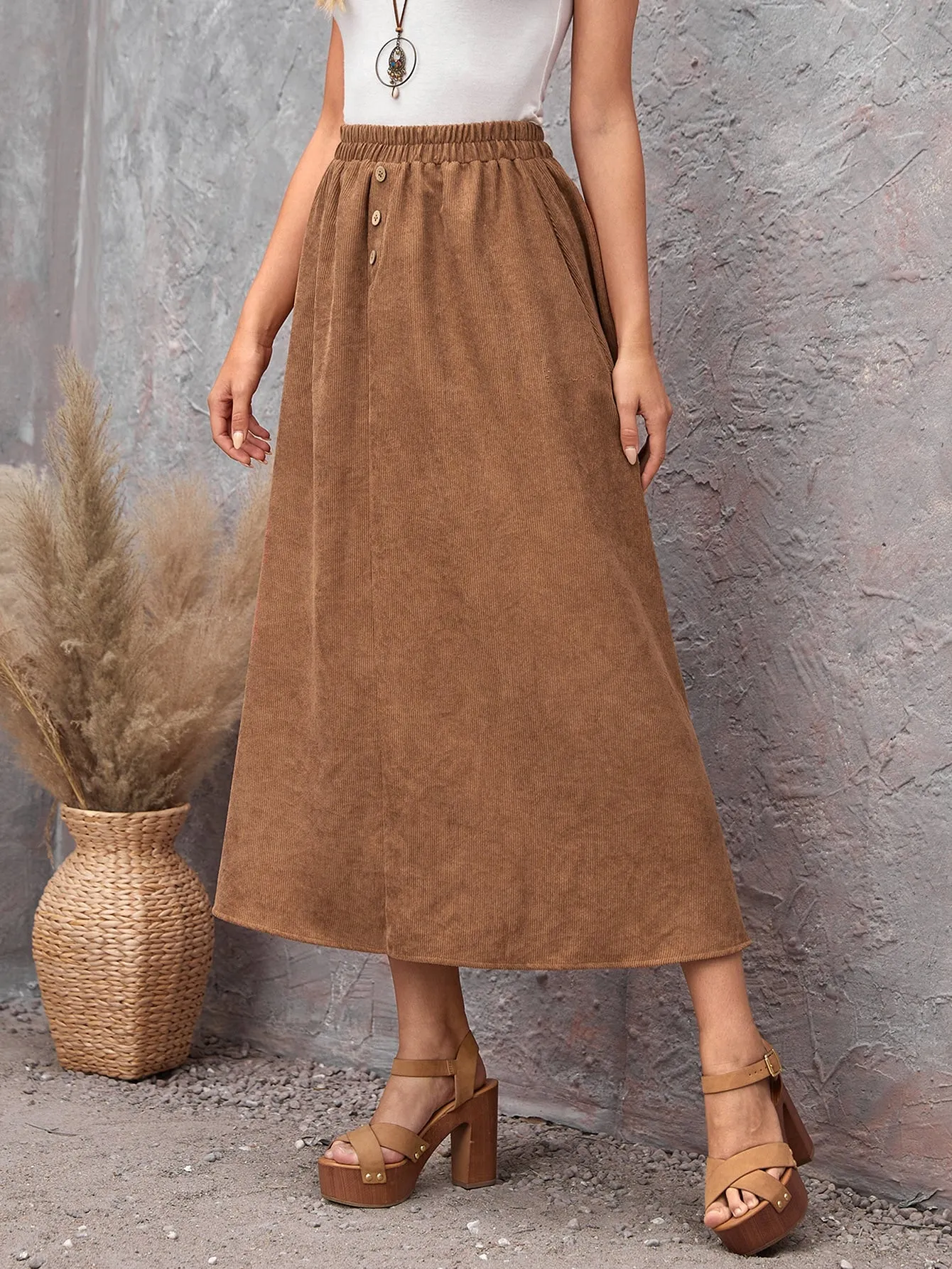 Casual Plain Button Front High Waist Long Women Skirts