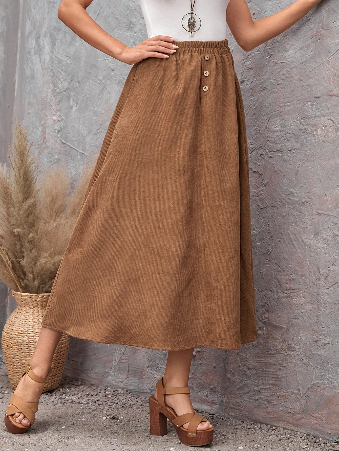 Casual Plain Button Front High Waist Long Women Skirts