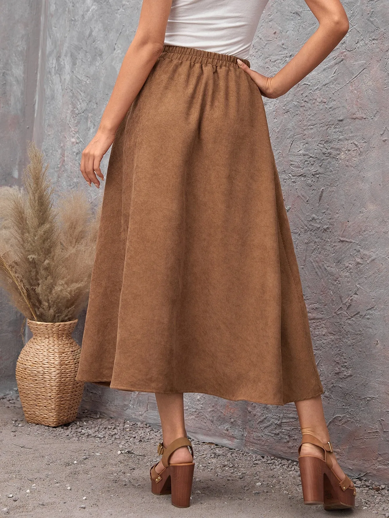 Casual Plain Button Front High Waist Long Women Skirts