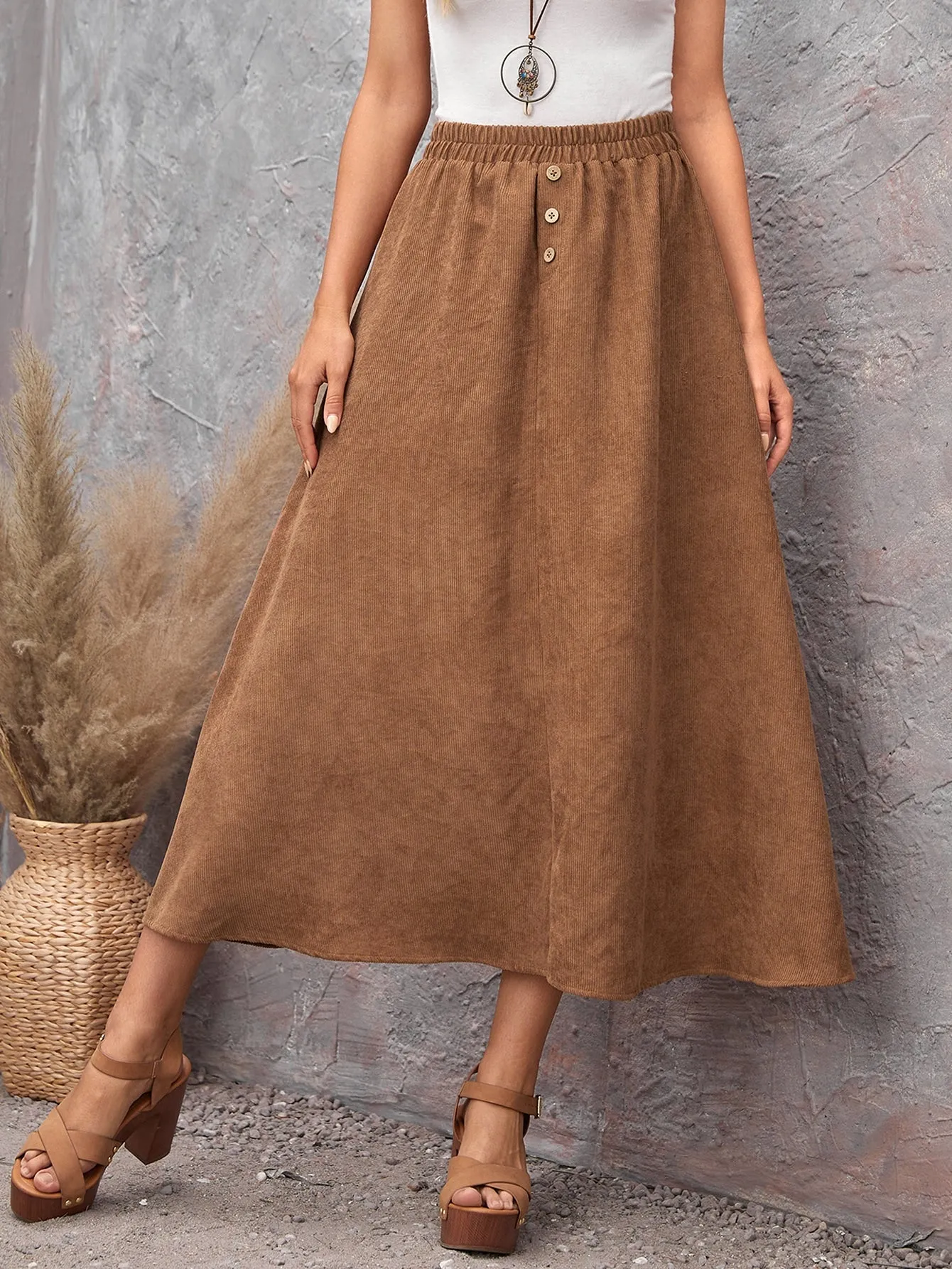 Casual Plain Button Front High Waist Long Women Skirts