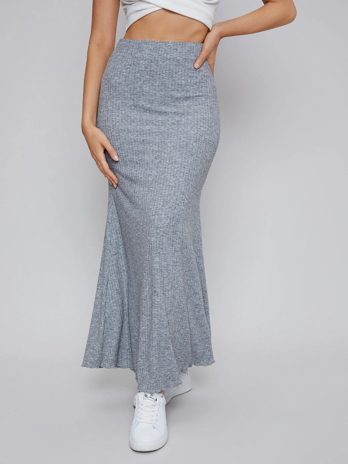 Casual Plain Rib-Knit High Waist Long Women Skirt