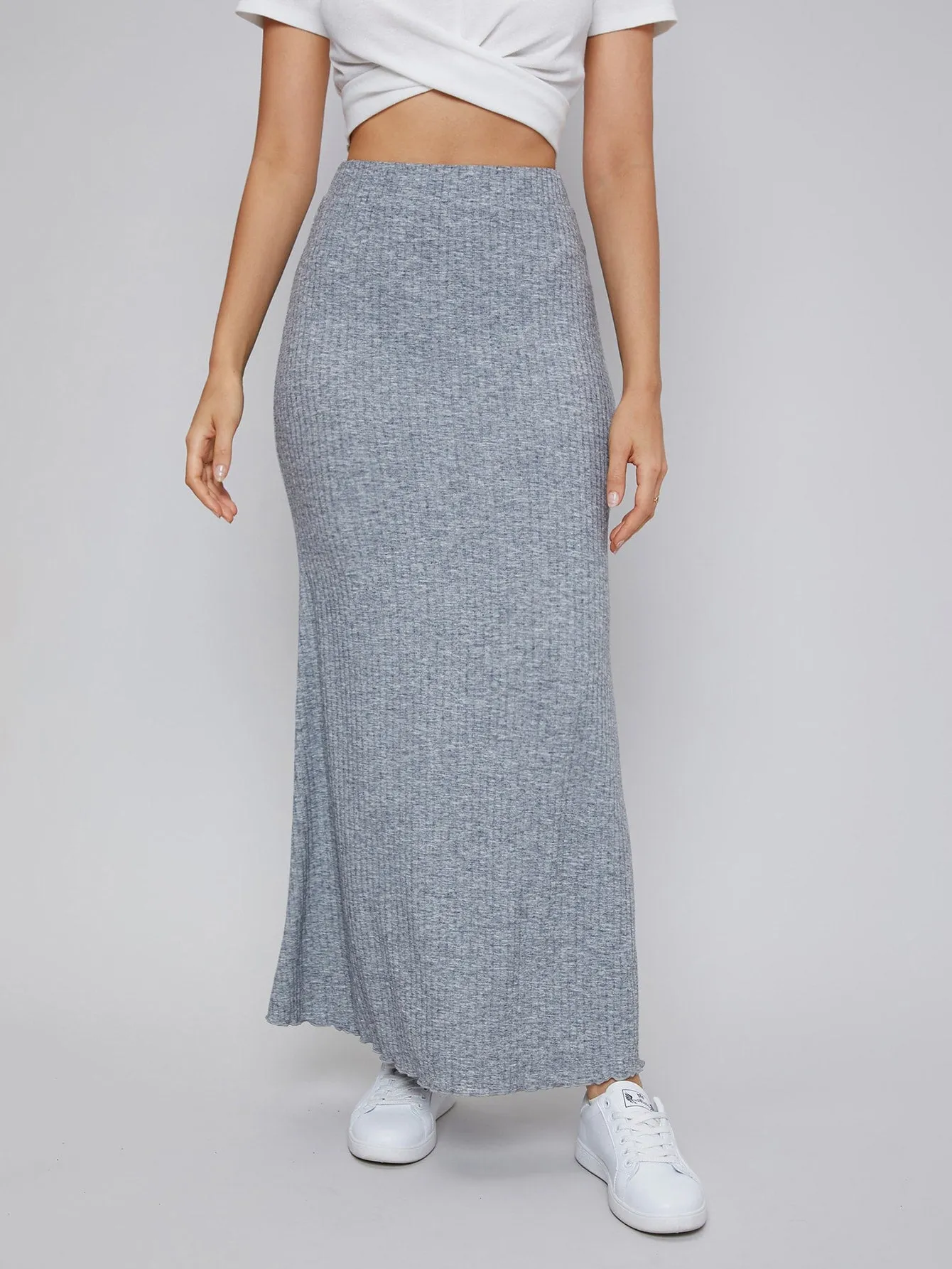 Casual Plain Rib-Knit High Waist Long Women Skirt