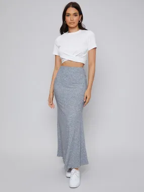 Casual Plain Rib-Knit High Waist Long Women Skirt