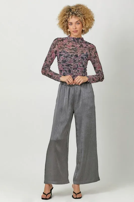 Crinkle Satin Pull-On Pants - Charcoal