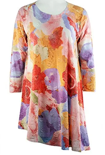 Cubism - Floral Bloom, 3/4 Sleeve, Asymmetric Hem, Distressed Tunic Top