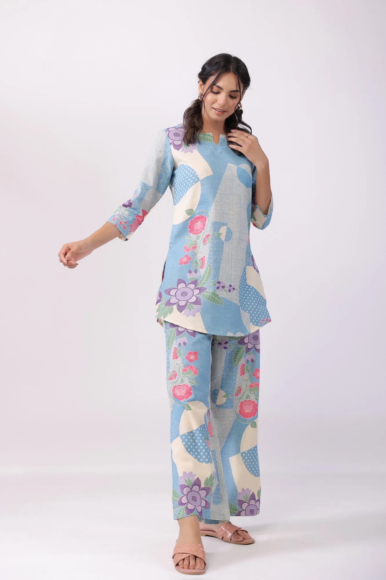 Distant Blooms Blue Cotton Palazzo Loungewear Set