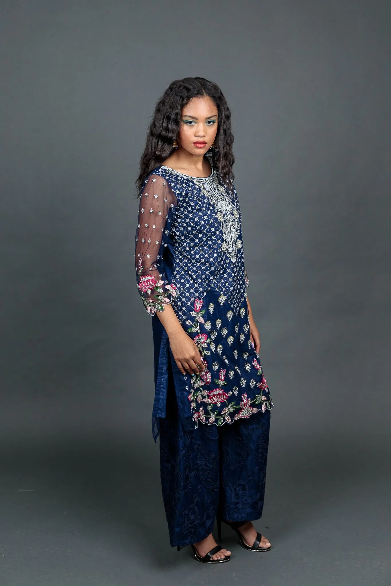 Fancy Heavy Embroidered Navy Blue Palazzo Suit