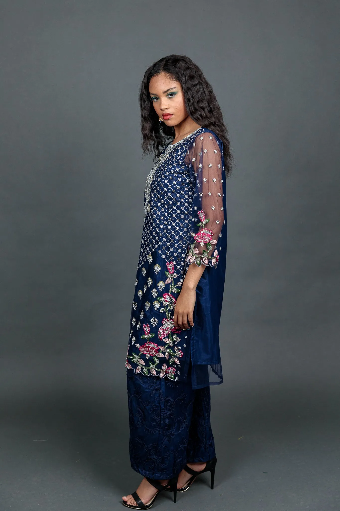 Fancy Heavy Embroidered Navy Blue Palazzo Suit