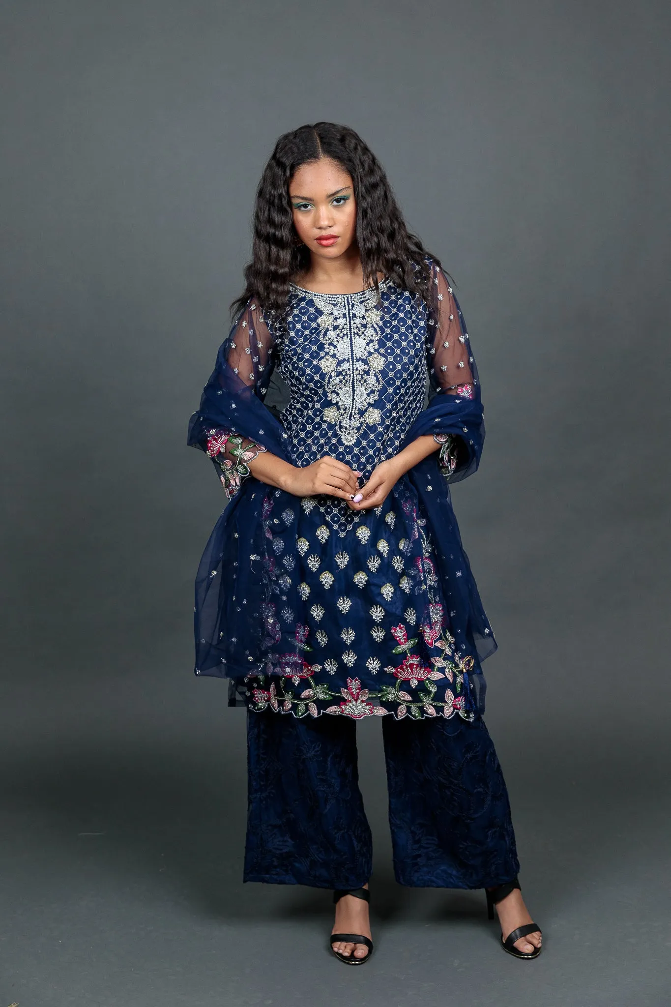 Fancy Heavy Embroidered Navy Blue Palazzo Suit