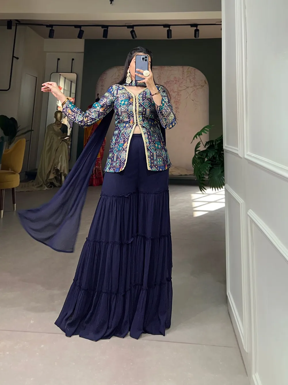 Firozi Blue Viscose Jacquard Kurta Palazzo Set with Weaving Work and Printed Detailing