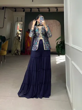 Firozi Blue Viscose Jacquard Kurta Palazzo Set with Weaving Work and Printed Detailing