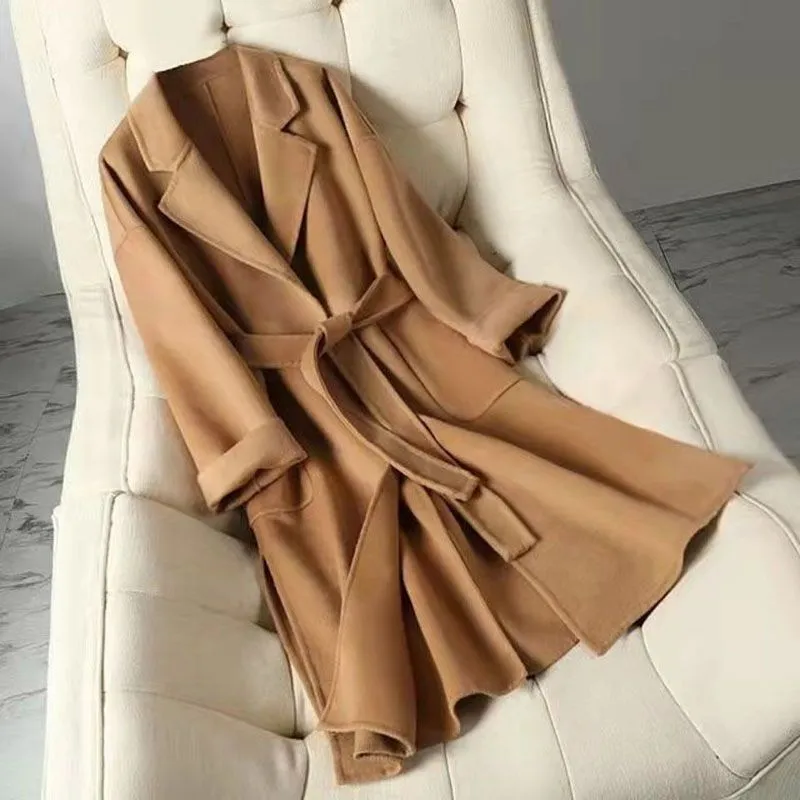 Free Shipping Camel Cashmere long Wool Trench Coat Womens